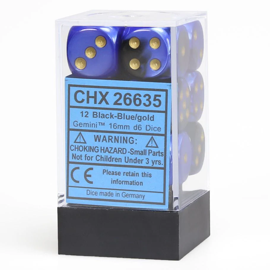 CHX26635: Gemini - 16mm D6 Black-Blue w/gold (12)